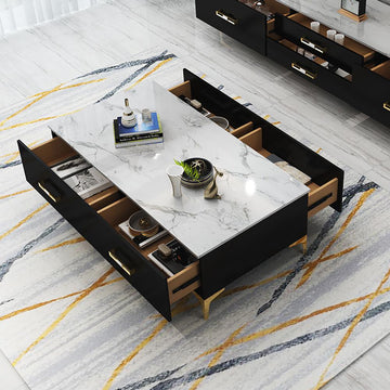 51.2" Rectangular Marble Top Coffee Table with 4 Storage Drawers Stainless Steel Legs